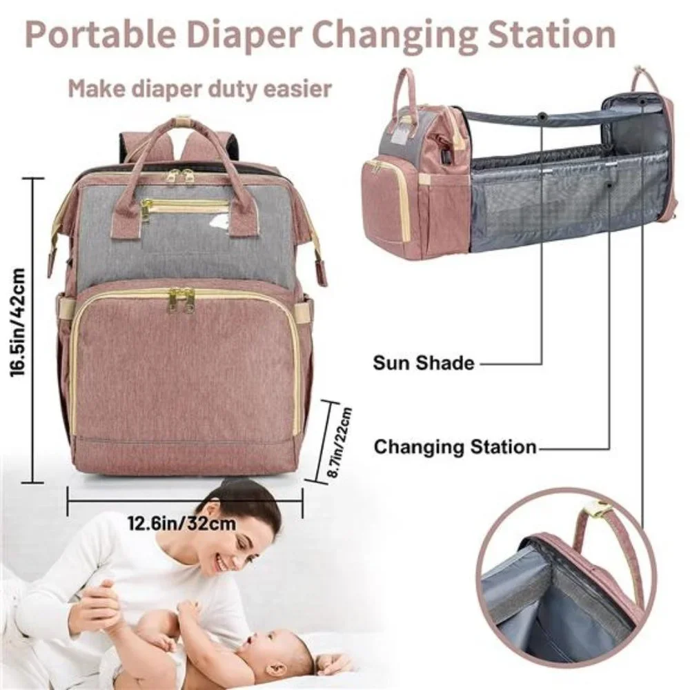 Diaper Bag Backpack, Large with USB Charging Port, Multifunction, Pink Gray